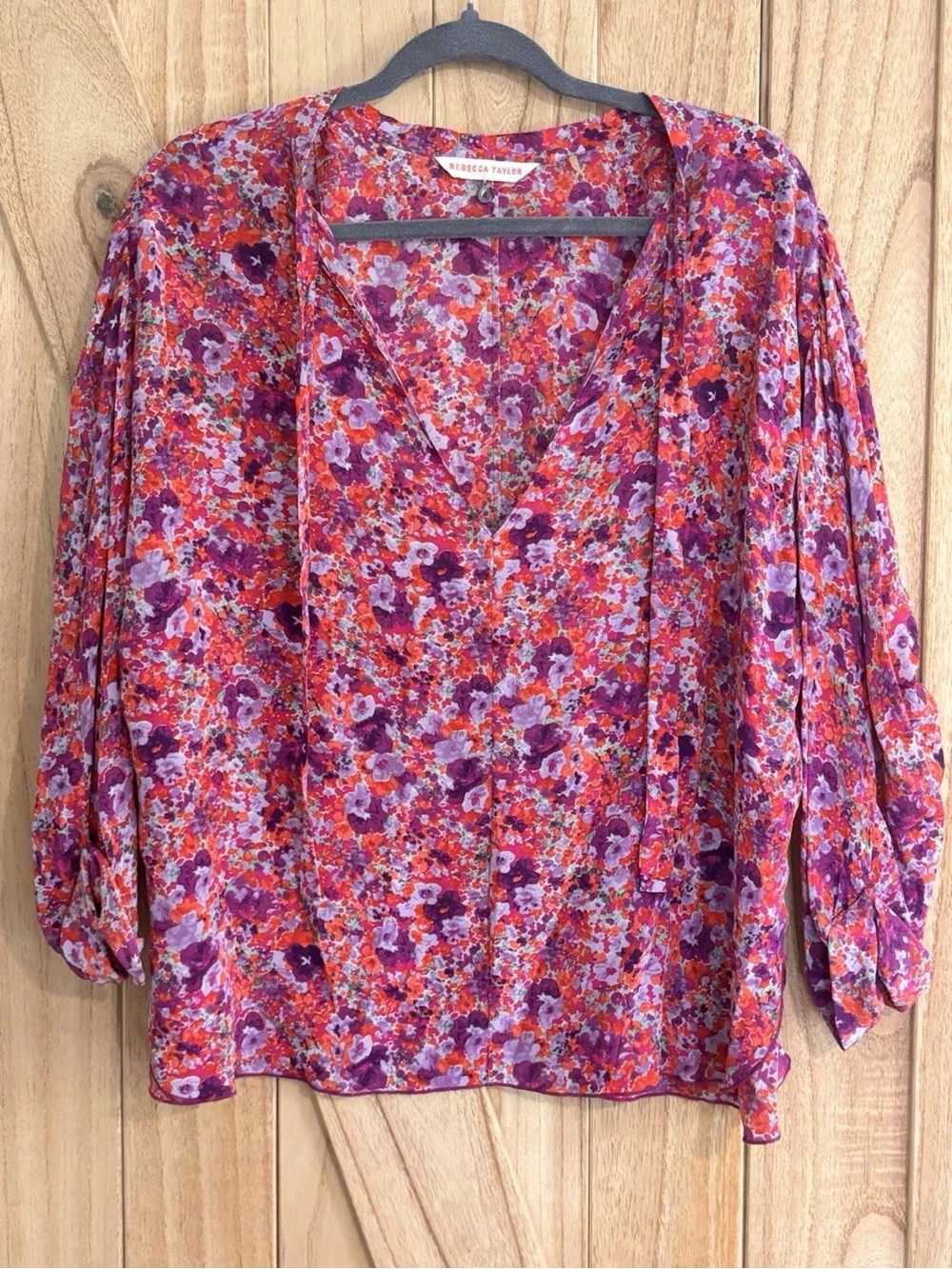 Rebecca Taylor Orange, Pink & Purple Floral V-Neck Blouse